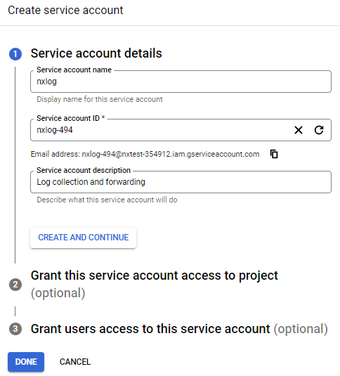 Create service account