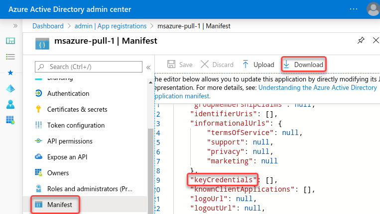 Microsoft Azure AD application manifest download