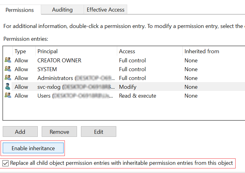 Set recursive permissions on NXLog directory