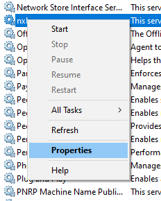 Service properties context menu