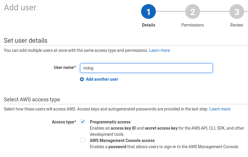 AWS user configuration, screen 1
