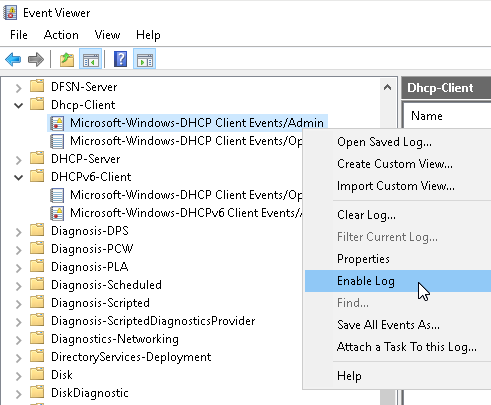 Enabling DHCP client logs in Windows Event Log